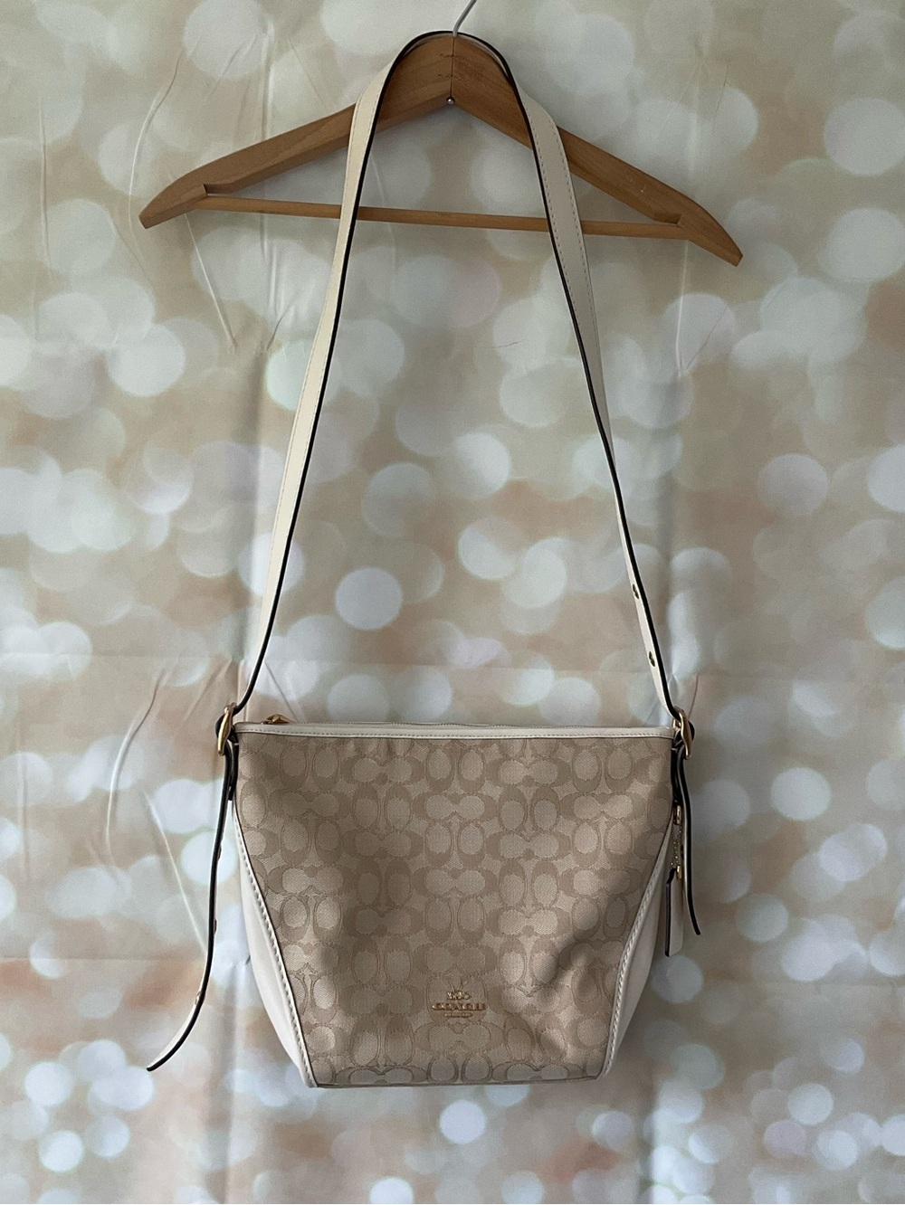 Coach Beige Signature Canvas Shoulder Bag with Cream Trim